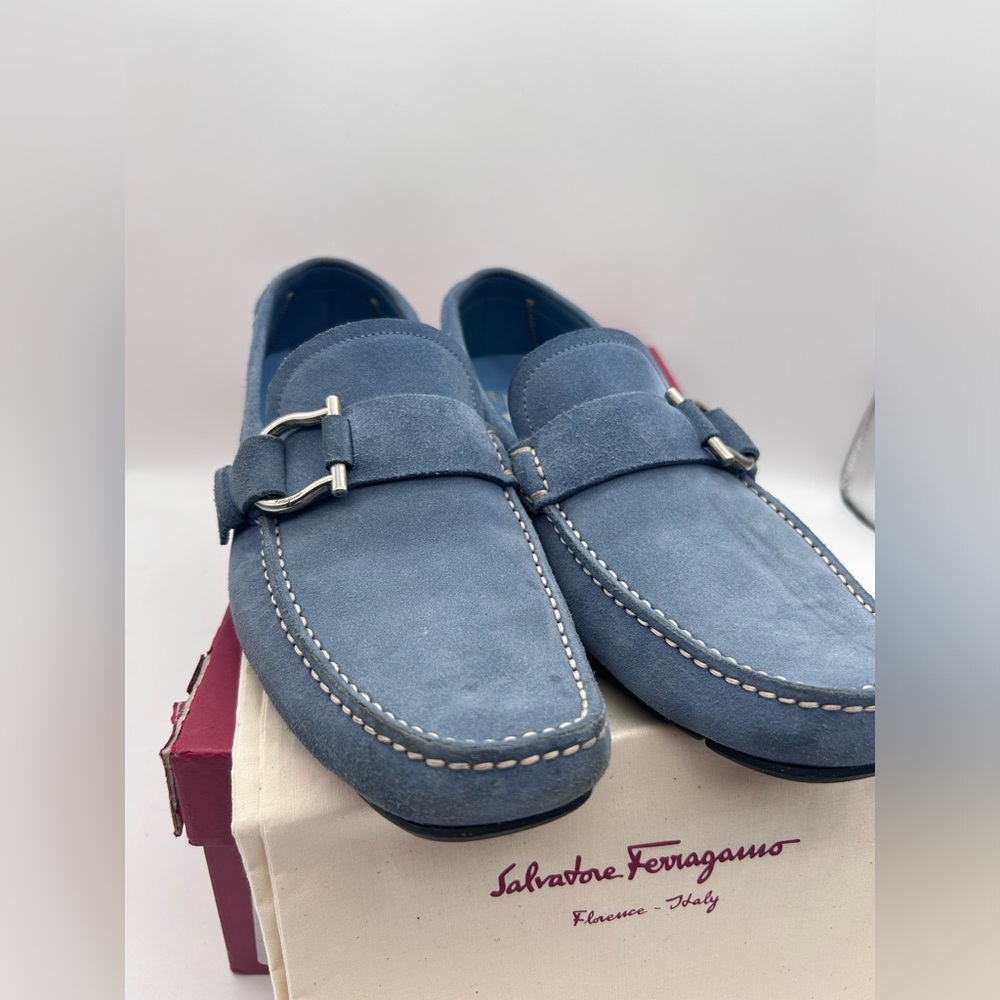 Salvatore Ferragamo Men Driving Suede Blue Moccasin Loafers Logo Sz 9 D - Picture 9 of 16
